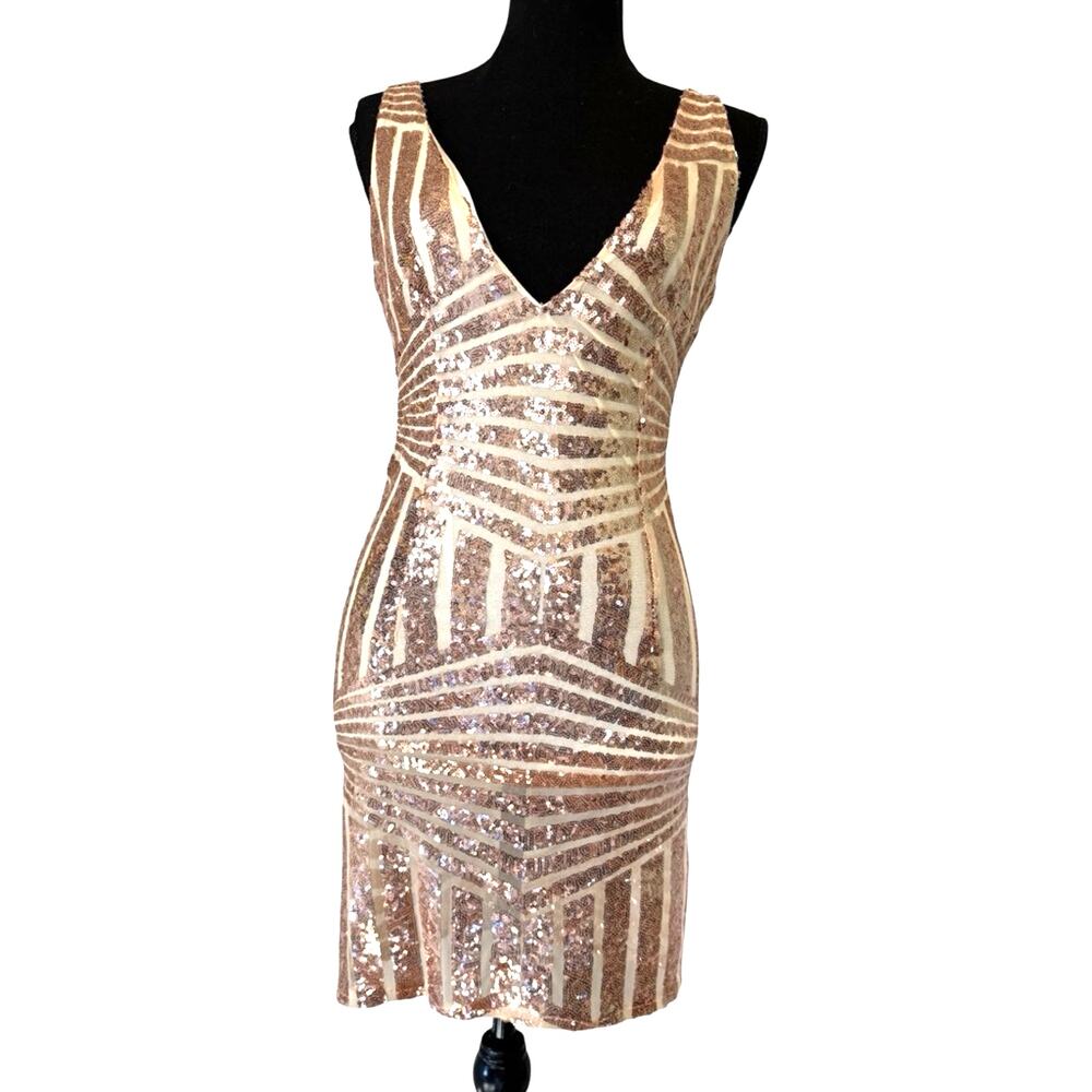 Art Deco Gold Sequin Nude Illusion Bodycon Dress